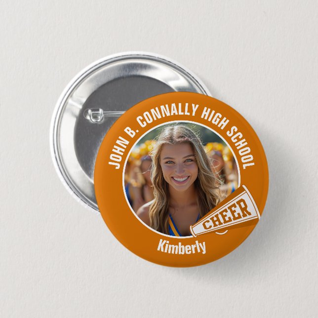 Orange Cheerleader Photo High School Spirit Cheer Button (Front & Back)