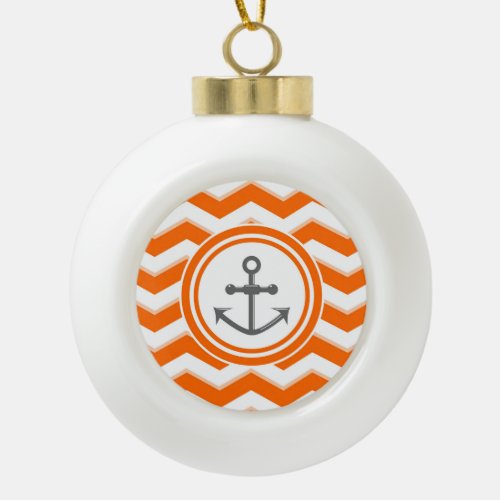 Orange chevron and anchor sailing pattern ceramic ball christmas ornament