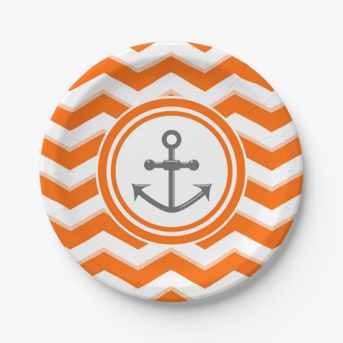 Orange chevron and anchor sailing pattern paper plates