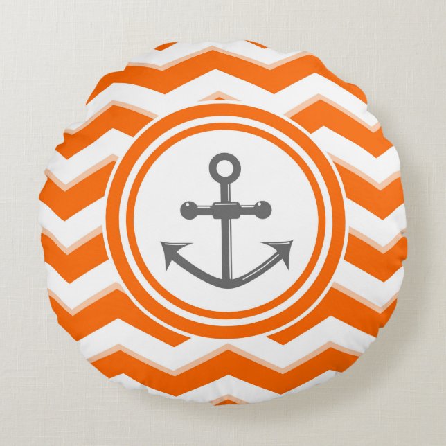 Orange chevron and anchor sailing pattern round pillow (Front)