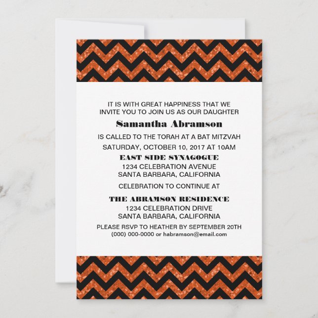 Orange Chevron Glitter Bat Mitzvah Invite (Front)