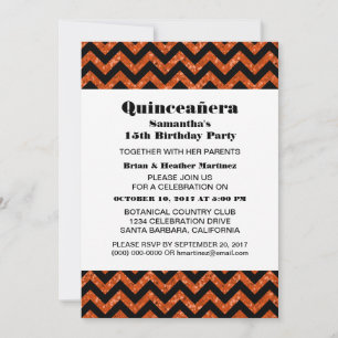 Orange Chevron Glitter Quinceañera Party Invite