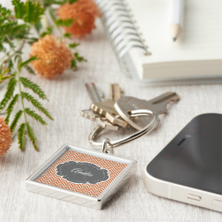 Orange Chevron Personalized Button Keychain