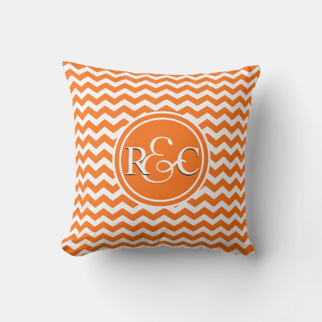 Orange Chevron Personalized Initial Monogram Throw Pillow (Front)