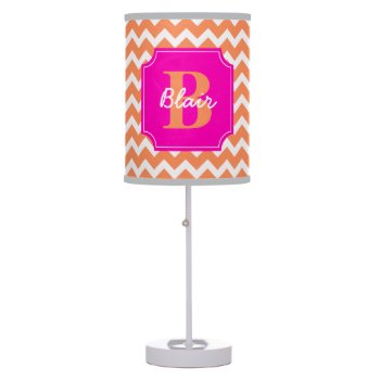 Orange Chevron With Pink Frame Name And Initial Table Lamp by Jmariegarza at Zazzle