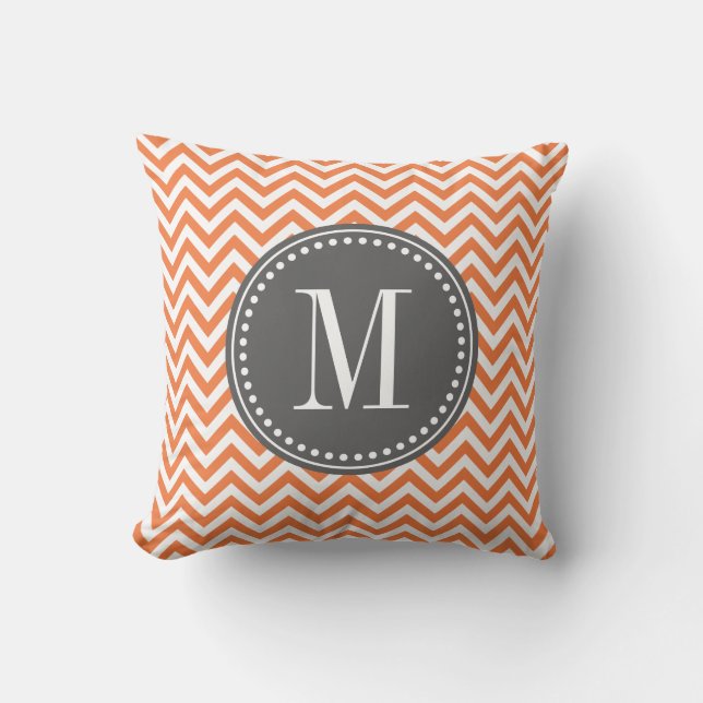 Orange Chevron Zigzag Personalized Monogram Throw Pillow (Front)