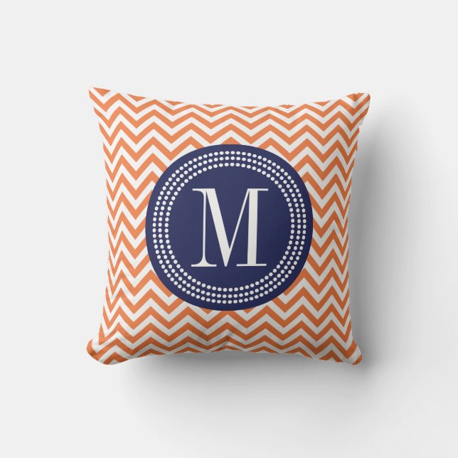 Orange Chevron Zigzag Personalized Monogram Throw Pillow (Front)