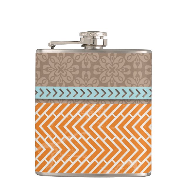 Orange Chevrons Tan Blue Hip Flask (Front)