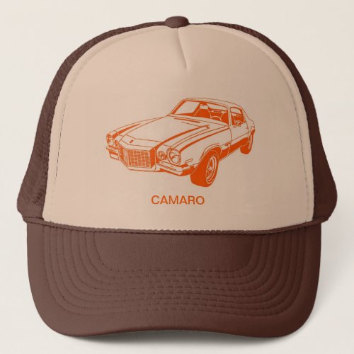 Orange Chevy Camaro Graphic Drawing Trucker Hat