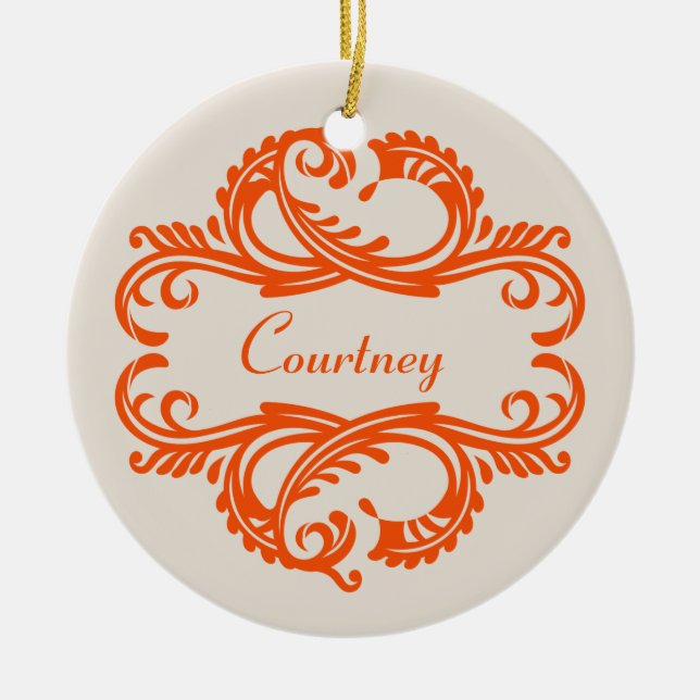 Orange Chic Damask Ornament (Front)