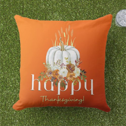Orange Chic Happy Thanksgiving Fall Floral Pumpkin Outdoor Pillow
