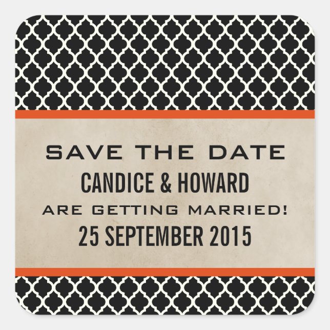 Orange Chic Quatrefoil Save the Date Stickers (Front)