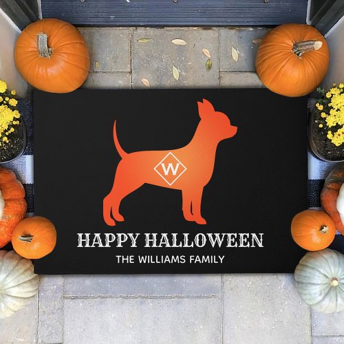 Orange Chihuahua Happy Halloween Family Name Doormat