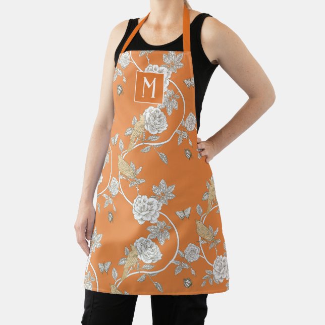 Orange Chinoiserie Floral Monogram Apron (Insitu)
