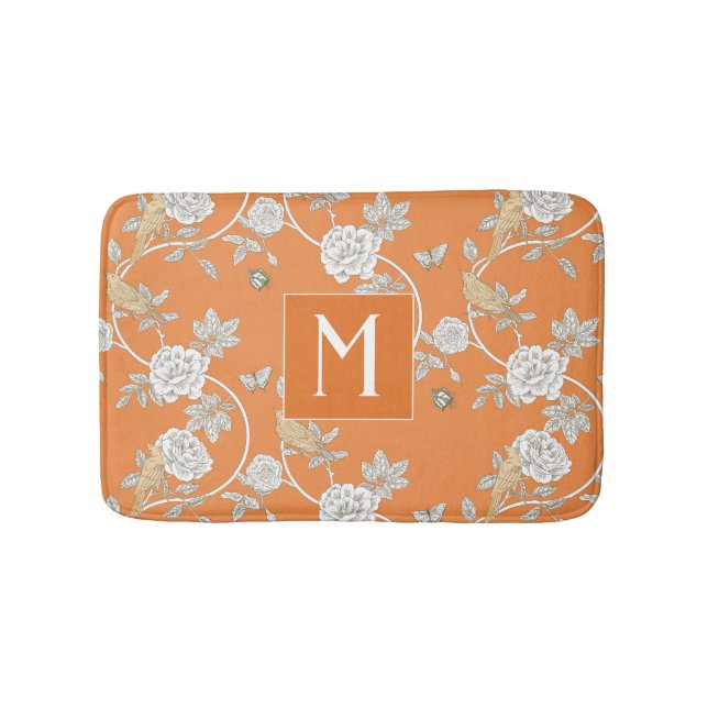 Orange Chinoiserie Floral Monogram Bath Mat (Front)