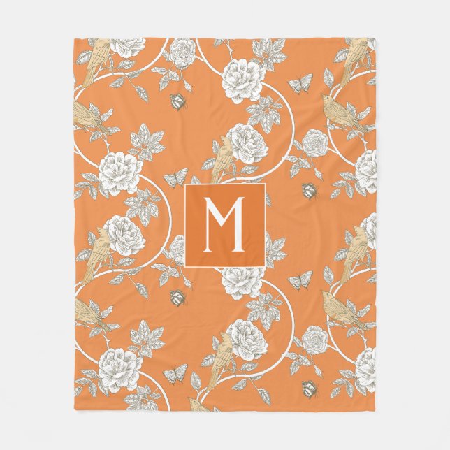 Orange Chinoiserie Floral Monogram Fleece Blanket (Front)