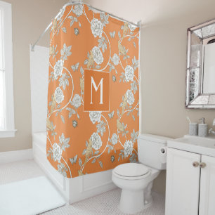 Orange Chinoiserie Floral Monogram Shower Curtain
