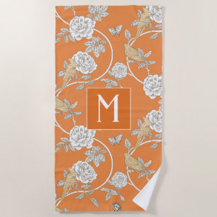 Orange Chinoiserie Flowers and Birds Monogram Beach Towel