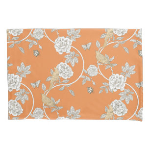 Orange Chinoiserie Flowers and Birds Pillow Case