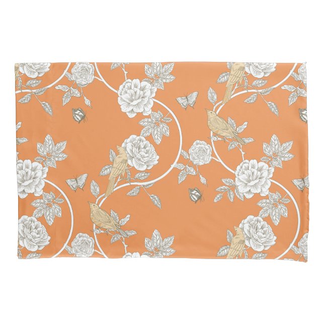 Orange Chinoiserie Flowers and Birds Pillow Case (Front)