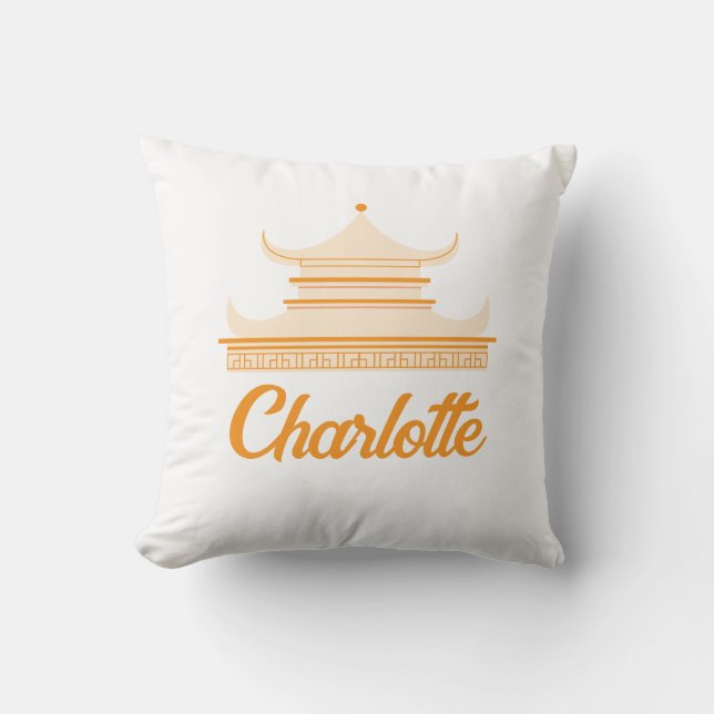 Orange Chinoiserie Pagoda Custom Name Throw Pillow (Front)