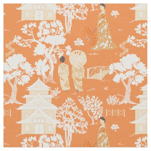 Orange Chinoiserie Pagodas Fabric