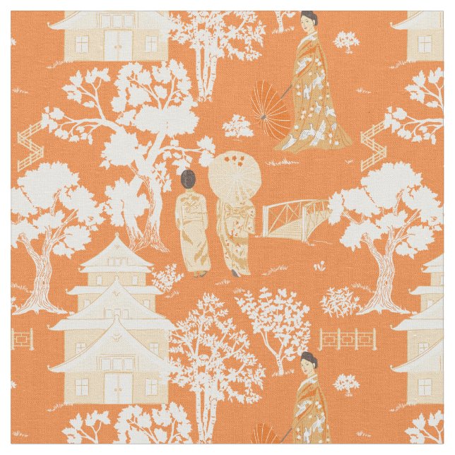 Orange Chinoiserie Pagodas Fabric (Close Up)