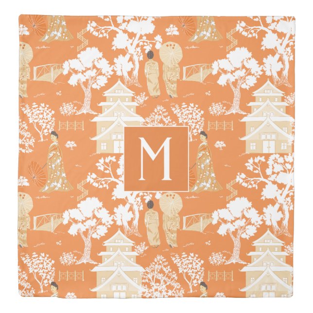 Orange Chinoiserie Pagodas Monogram Duvet Cover (Front)