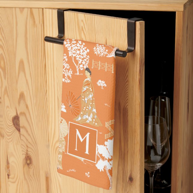Orange Chinoiserie Pagodas Monogram Kitchen Towel (Thirds Fold)