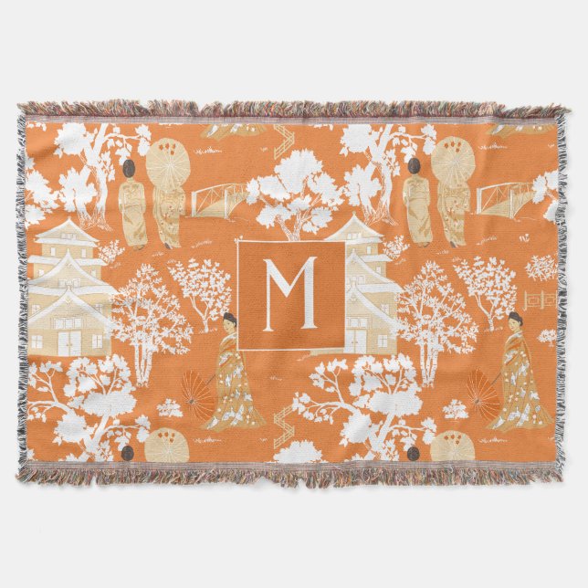 Orange Chinoiserie Pagodas Monogram Throw Blanket (Front)