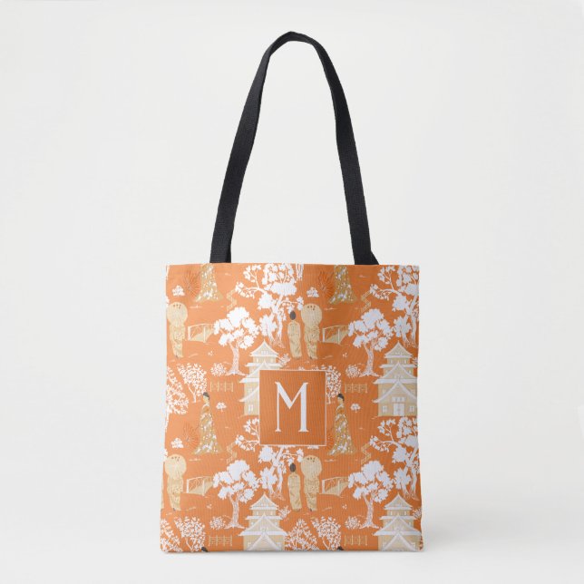 Orange Chinoiserie Pagodas Monogram Tote Bag (Front)