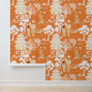 Orange Chinoiserie Pattern Wallpaper