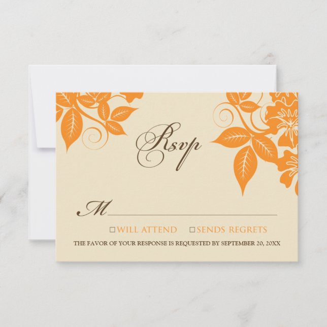 Orange/Chocolate Modern Floral RSVP Card (Front)
