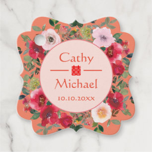 Orange circle floral wreath modern Chinese wedding Favor Tags