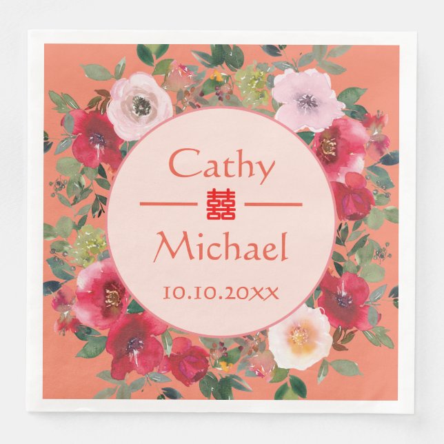 Orange circle floral wreath modern Chinese wedding Paper Dinner Napkins (Front)