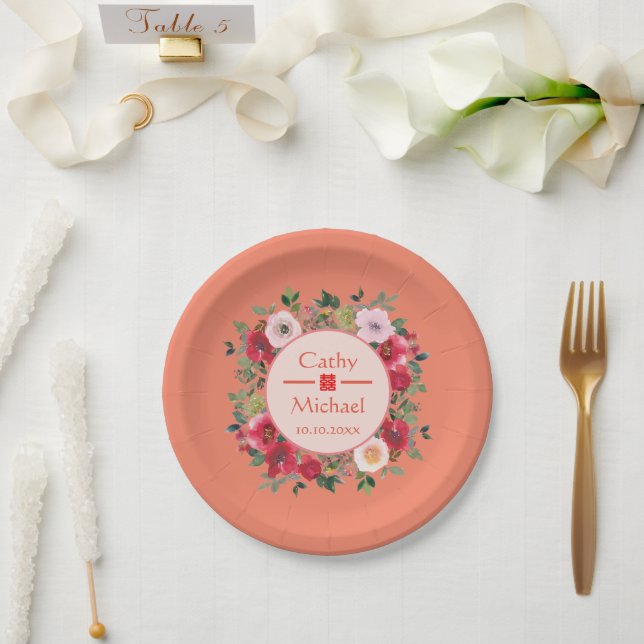 Orange circle floral wreath modern Chinese wedding Paper Plates (Wedding)
