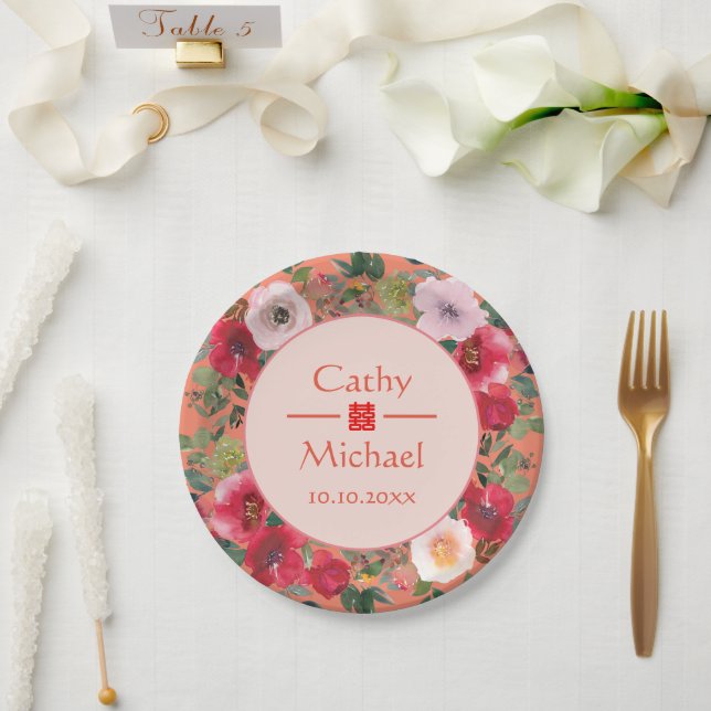 Orange circle floral wreath modern Chinese wedding Paper Plates (Wedding)