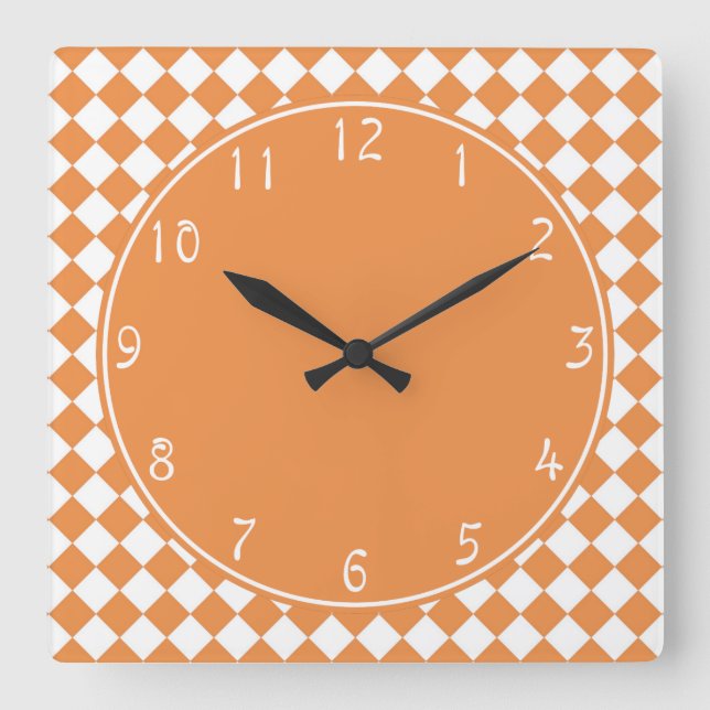 Orange Circle Peach Diamond Checkerboard pattern Square Wall Clock (Front)