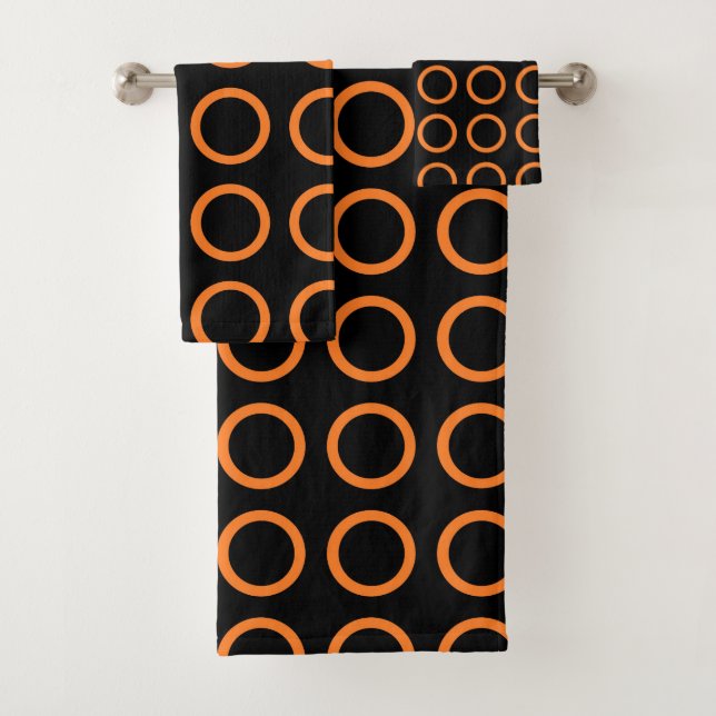 Orange Circles Black Bath Towel Set (Insitu)