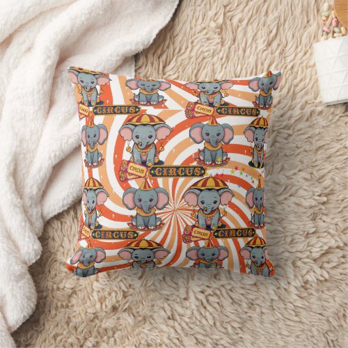 Orange Circus Elephant Print Throw Pillow