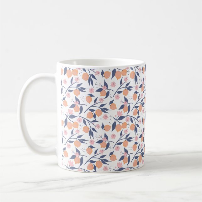 Orange citrus and blue leaves pattern Mug (Left)