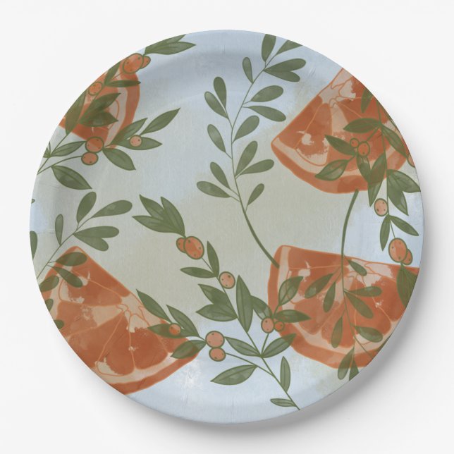 Orange Citrus and Greenery Paper Plates (Front)