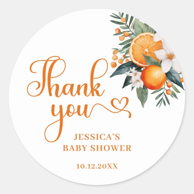 Orange Citrus Baby Shower Favor Classic Round Sticker (Front)