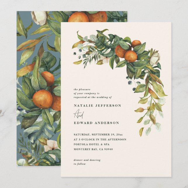 Orange citrus blue watercolor botanical wedding (Front/Back)