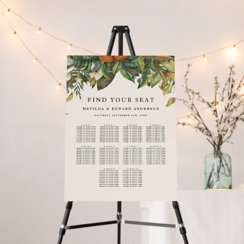 Orange citrus botanica floral wedding seating plan foam board