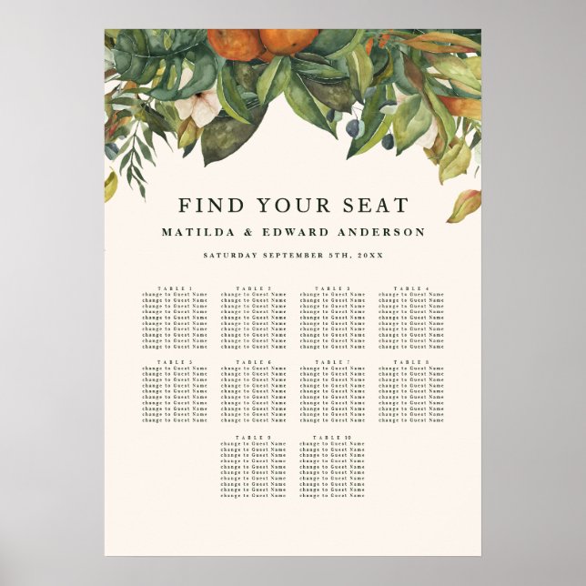 Orange citrus botanica floral wedding seating plan poster (Front)