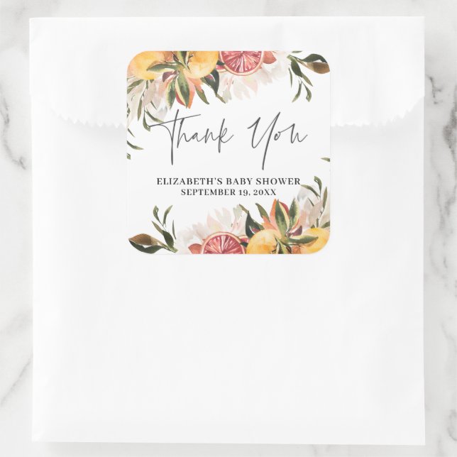 Orange Citrus Botanical | Baby Shower Favor  Square Sticker (Bag)