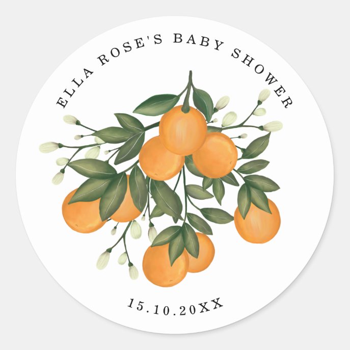 Orange Citrus Botanical Greenery Baby Shower Favor Classic Round Sticker