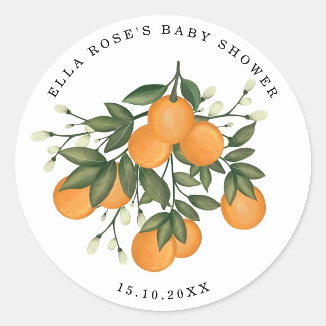 Orange Citrus Botanical Greenery Baby Shower Favor Classic Round Sticker (Front)