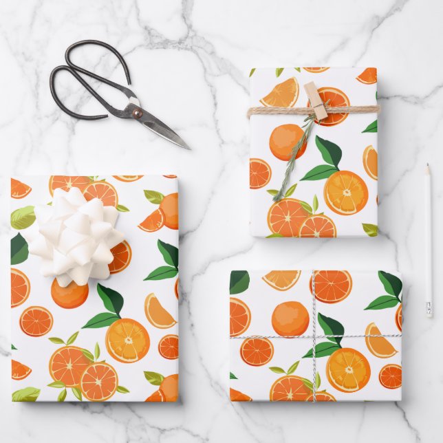 Orange Citrus Botanical Pattern  Wrapping Paper Sheets (Front)